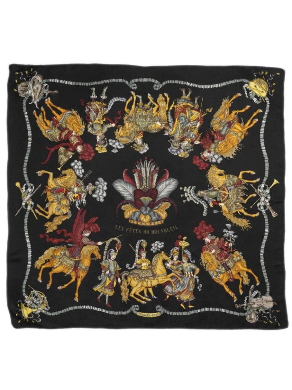 Hermes Scarf Black Red Gold 100% Jacquard Silk